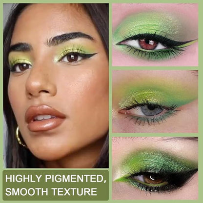 Light Bright Green Glitter Shimmer Eye Shadow Makeup Palette 9 Colors, Emerald Dark Avocado Neon Green Highly Pigmented Matte Glitter Shimmer Pearl Waterproof for woman