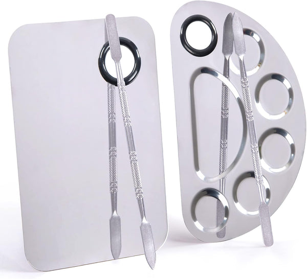 Stainless Steel Metal Makeup Palette with Spatula Artist Tool for Mixing Foundation Nail-Art, Cosmetic Makeup Palette, Makeup Plate, 6×4"/Silver/2pcs