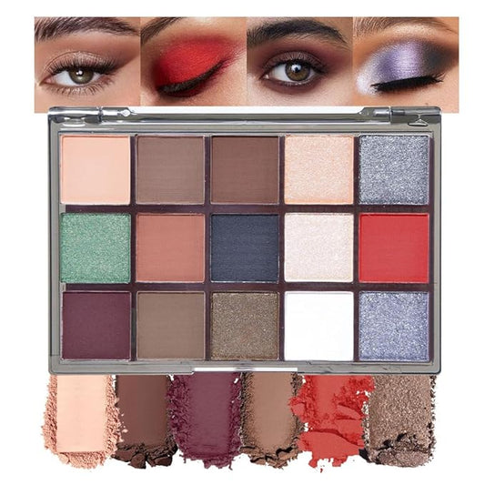 Smokey Red Eye Shadow Makeup Palette,15 Colors Gray Silver Brown Dark Shimmer Matte Makeup Pallet,Long Lasting Waterproof for Daily and Halloween,Vegan,Cruelty -free